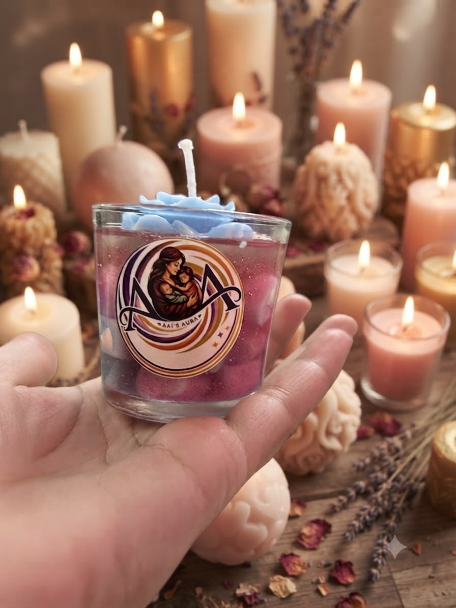 Another view of the clear glass candle with purple wax