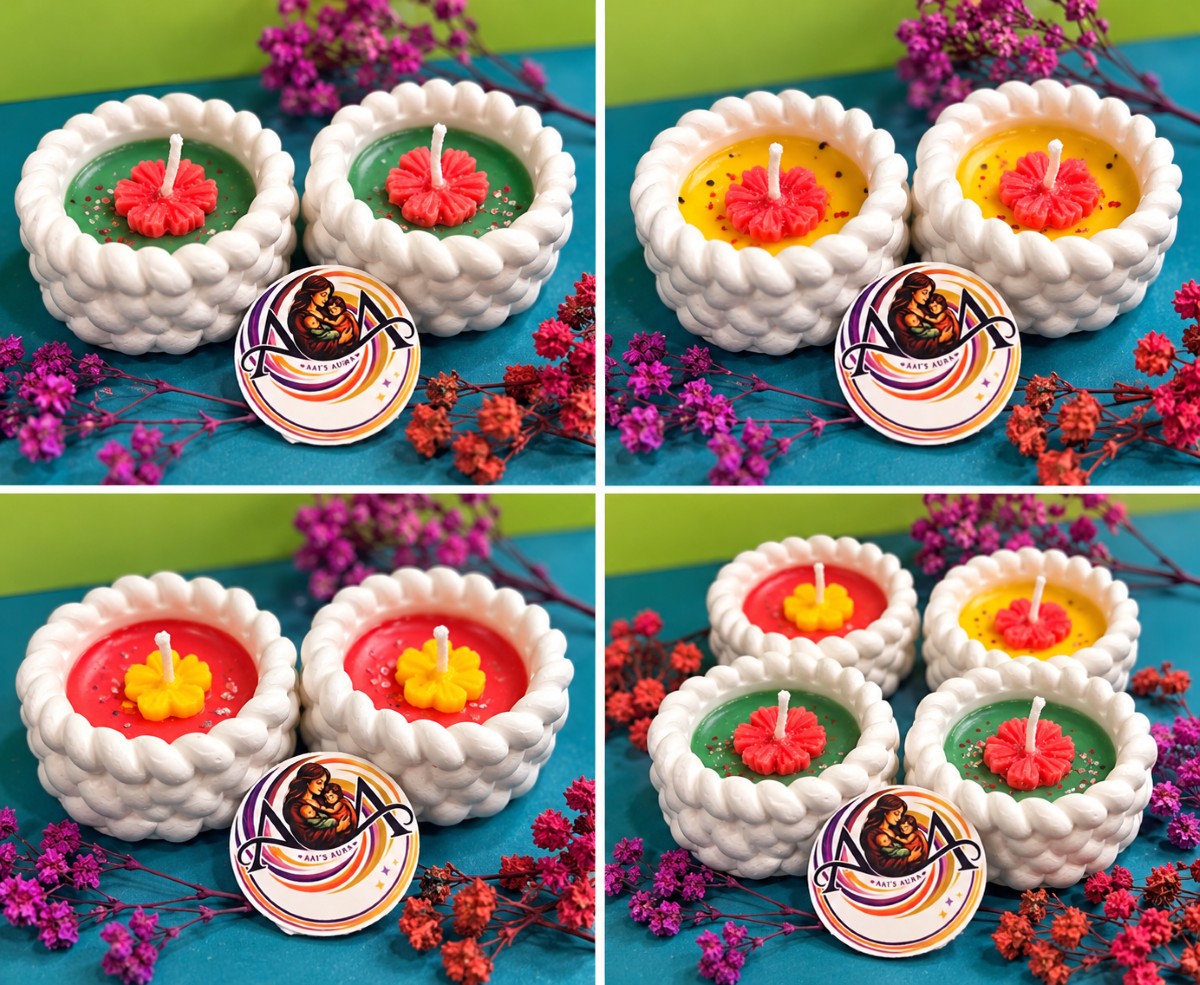 Red, green, and yellow marble diya candles shown together