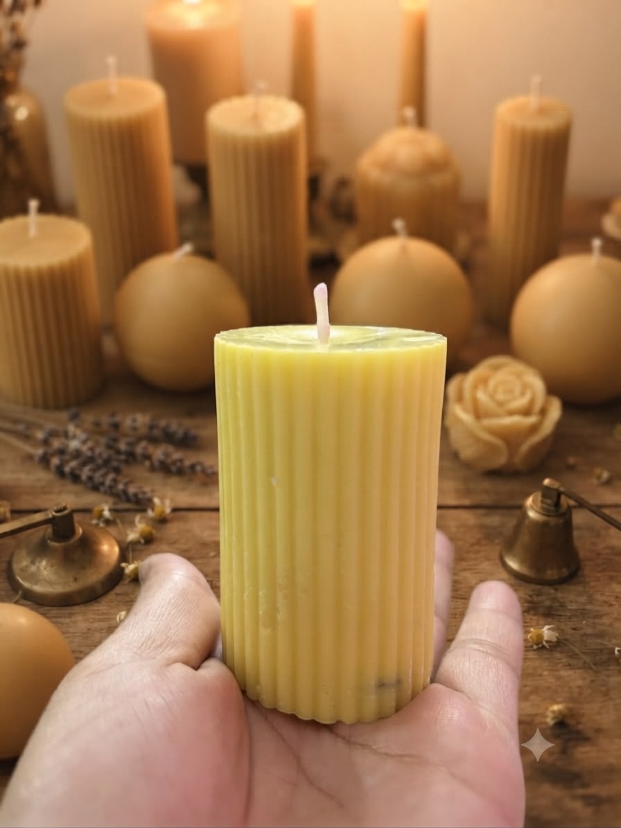 A yellow ribbed pillar candle on a wooden table